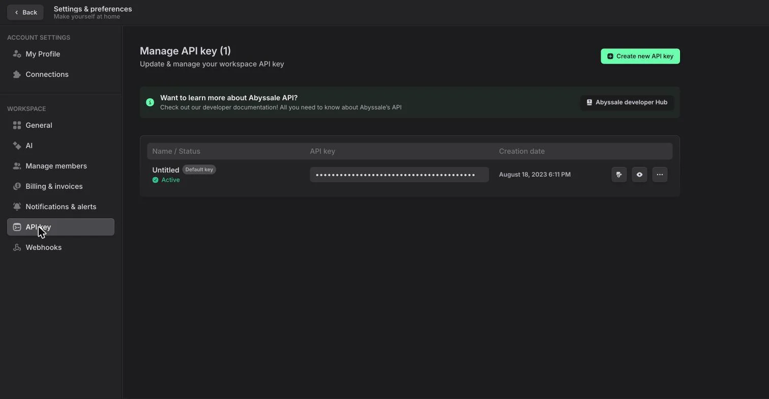 The API key settings page: the key list with a masked key, and the Create new API key button top right