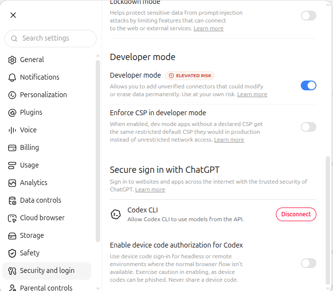 Security and login settings with Developer mode toggled on