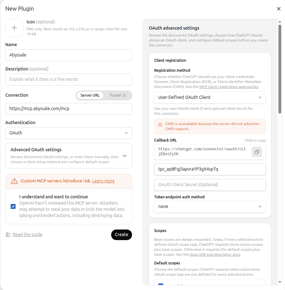 New Plugin form with the Abyssale name, server URL, and OAuth client settings filled in