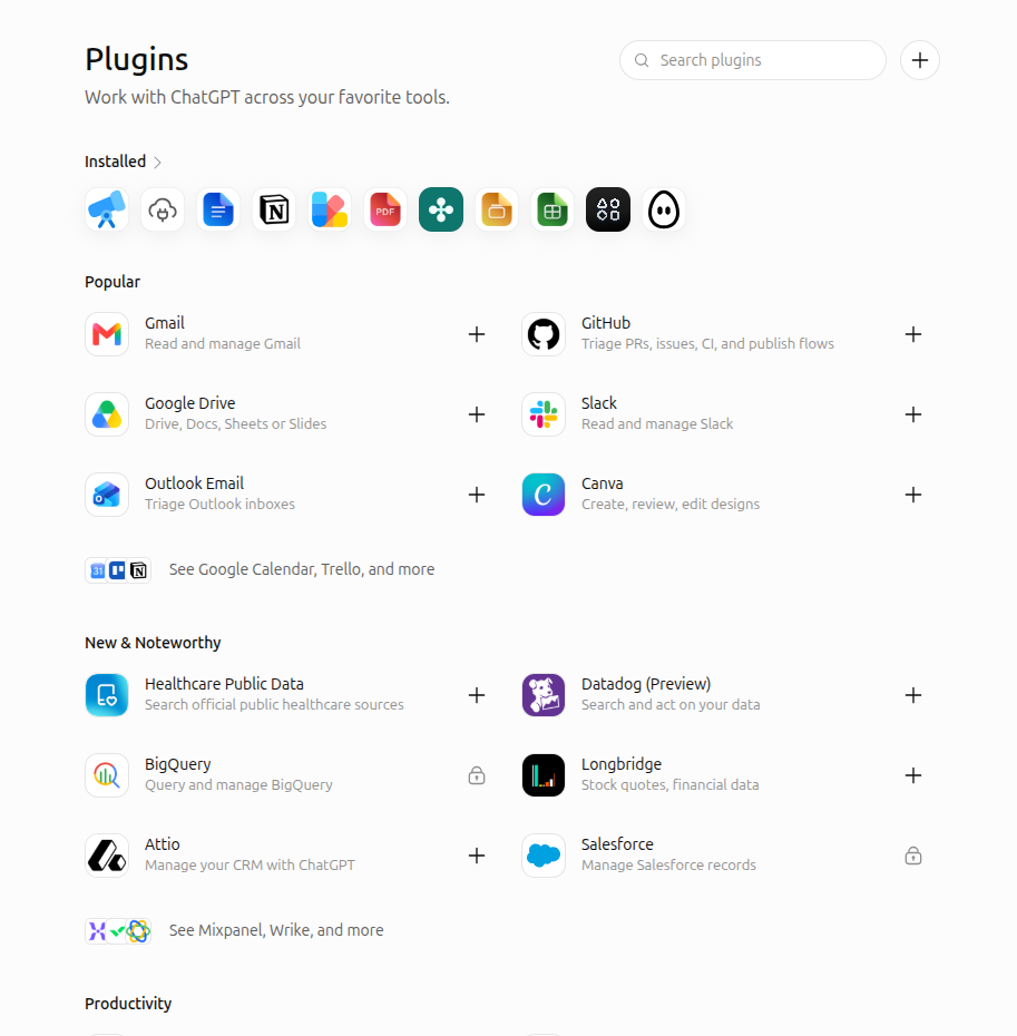 Plugins page with the add-plugin button in the top right