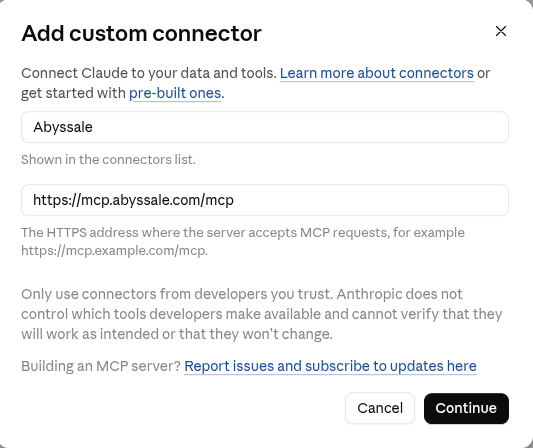 Add custom connector with the Abyssale name and MCP server URL filled in