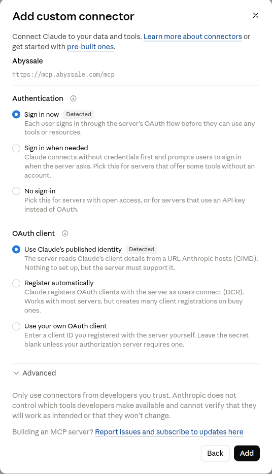 The authentication step with "Sign in now" and "Use Claude's published identity" selected