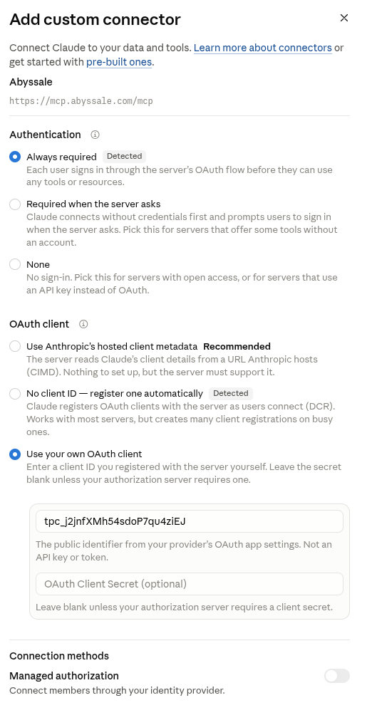 The OAuth client step with "Use your own OAuth client" selected and the client ID filled in