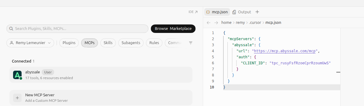 Cursor's MCPs settings showing abyssale connected, next to the mcp.json file with the url and CLIENT_ID filled in