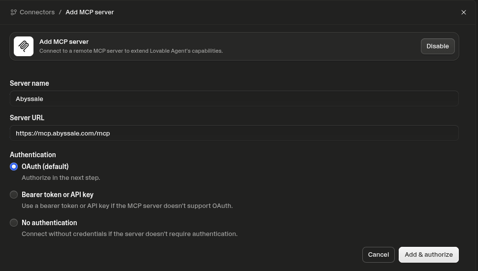 Add MCP server form with the Abyssale name and server URL filled in and OAuth selected