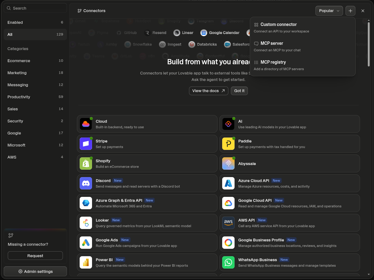Lovable's Connectors page with the add menu open on MCP server